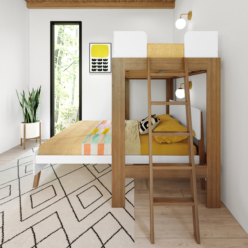Modern minimalist kids bedroom with wooden loft bunk bed, yellow bedding and ladder, geometric rug, potted snake plant and large window