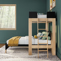Wooden loft bunk bed with ladder in modern teal kids' bedroom, cozy pillows, mustard throw and large window with forest view