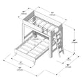 Isometric line drawing of a wooden twin-over-full bunk bed frame with ladder, guard rails and mattress slat supports, annotated with dimensions in inches and centimeters (77", 41", 69", 83", 93", 55", 43", 39").