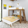 Modern wooden loft bunk bed in kids' bedroom with yellow bedding, geometric rug, framed wall art and brass sconces