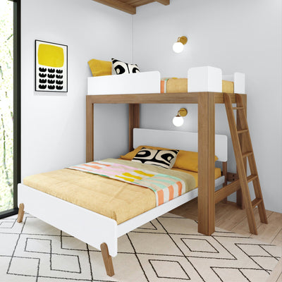 Modern wooden bunk bed with white guardrails and ladder, yellow bedding and patterned pillows in a bright kids' bedroom with geometric rug, wall sconces and framed yellow abstract art