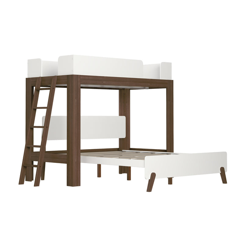 Modern walnut and white loft bunk bed with wooden ladder, white safety guardrails and pull-out lower bed with slatted base