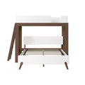 Front view modern white-and-walnut twin bunk bed frame with wooden ladder, white guardrails and slatted mattress support for kids' bedroom