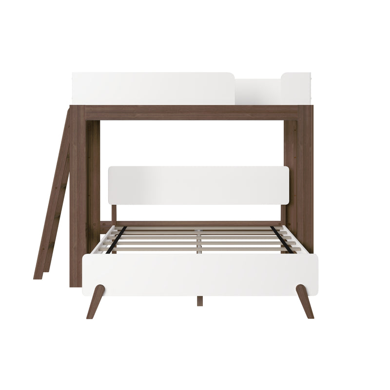 Front view modern white-and-walnut twin bunk bed frame with wooden ladder, white guardrails and slatted mattress support for kids' bedroom