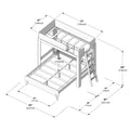 Isometric dimensions diagram of a wooden twin-over-full bunk bed frame with ladder, guardrails and slatted mattress supports, labeled measurements in inches and centimeters for assembly and room planning