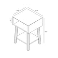 Mid-century modern nightstand end table with open cubby and lower shelf, tapered wood legs, compact bedside storage; assembly diagram showing dimensions 17.75 in W x 16.25 in D x 25.5 in H and 8 in cubby height