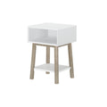 Modern white bedside table with open cubby and lower shelf on light oak legs, compact Scandinavian-style nightstand