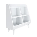 White wooden cubby organizer shelf with angled multi-compartment bins and freestanding legs, modern storage solution for kids' toys, books and nursery items