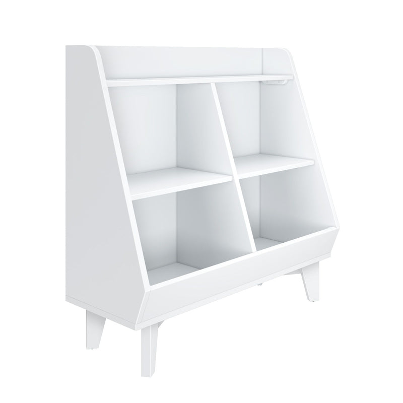White wooden cubby organizer shelf with angled multi-compartment bins and freestanding legs, modern storage solution for kids' toys, books and nursery items
