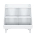 White wooden cubby storage organizer with four open compartments, top shelf and legs — modern toy shelf for nursery, kids' room or entryway