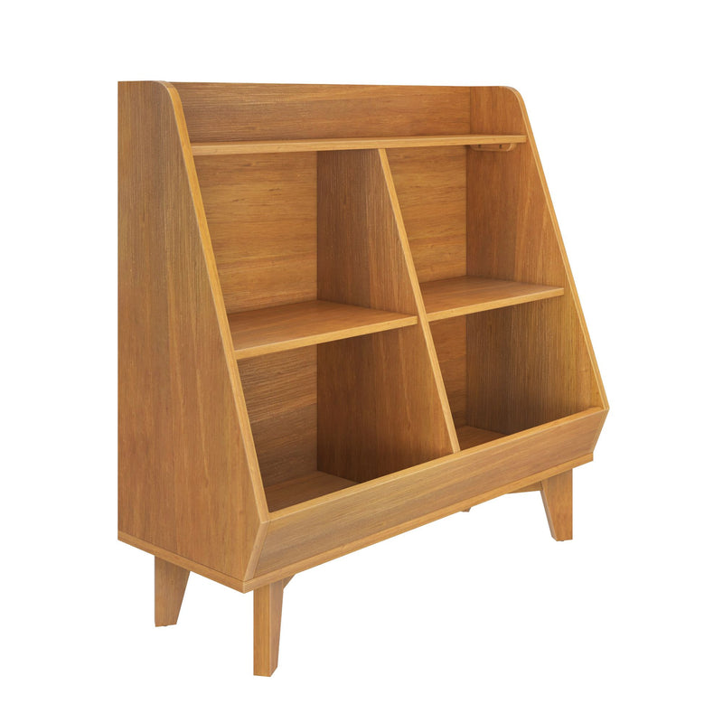 Mid-century modern wooden bookshelf organizer with angled cubby compartments, oak finish and tapered legs for living room storage