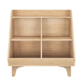 Natural light wood shelving unit with open cubby compartments, central vertical divider and drawer-style base, modern storage organizer for living room, bedroom or nursery