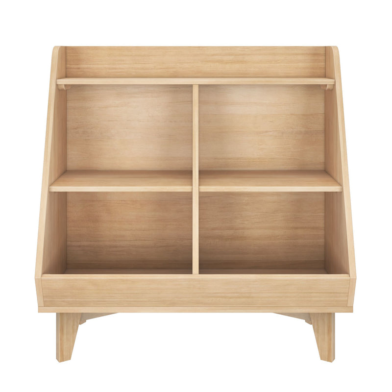 Natural light wood shelving unit with open cubby compartments, central vertical divider and drawer-style base, modern storage organizer for living room, bedroom or nursery