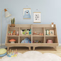 Nursery kids room decor with wooden cubby shelf, pastel Montessori toys and books, mushroom stool, cloud cushion and framed bear "Don't grow up" wall art