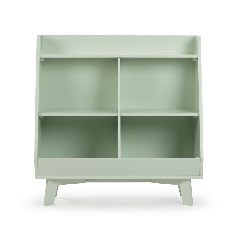 Mint green wooden shelving unit with four cubby compartments and angled legs, modern mid-century kids storage bookcase