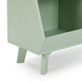 Close-up of mint green modern wooden planter box with angled legs and open storage compartment on white background