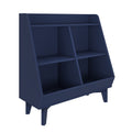 Freestanding navy blue wooden storage organizer with angled cubby shelves, top display ledge and tapered legs