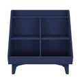 Navy blue wooden storage shelf with four cubby compartments and tapered legs, modern kids bookshelf and nursery organizer