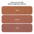 Textured rust knit fabric color swatches labeled "Warm", "Neutral", and "Cool" demonstrating how fabric color can vary under different lighting conditions