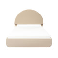 Minimal modern beige upholstered platform bed with curved semicircular headboard and white mattress, front view
