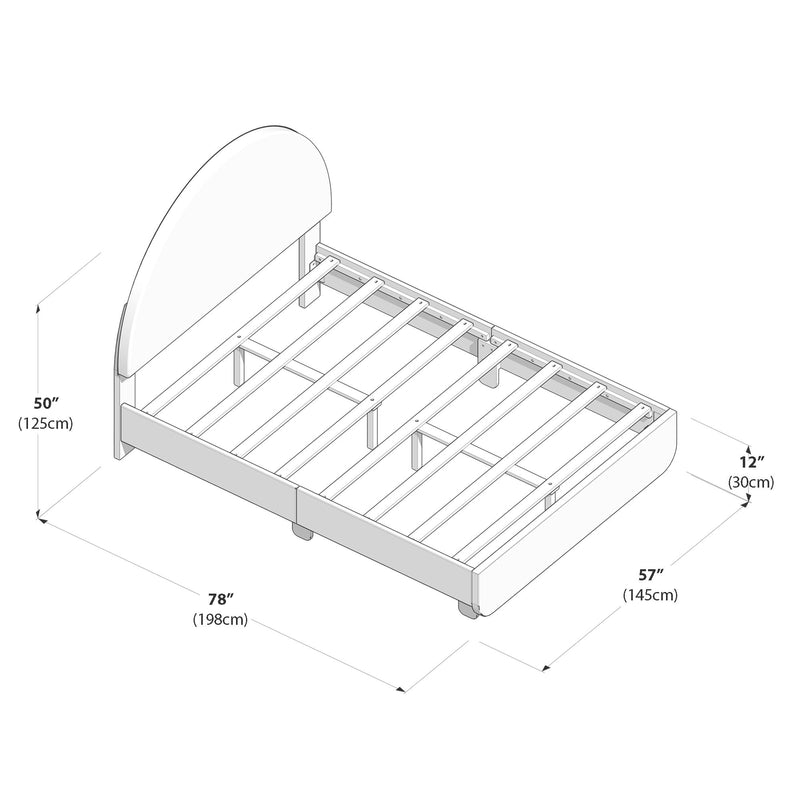 Platform bed frame assembly diagram showing curved headboard, wooden slatted base and labeled dimensions 78 in x 57 in (198 x 145 cm), 50 in (125 cm) headboard height and 12 in (30 cm) floor clearance