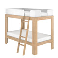 Natural oak loft bed with ladder and white safety guard rails, twin mattress platform, space-saving kids' bedroom furniture
