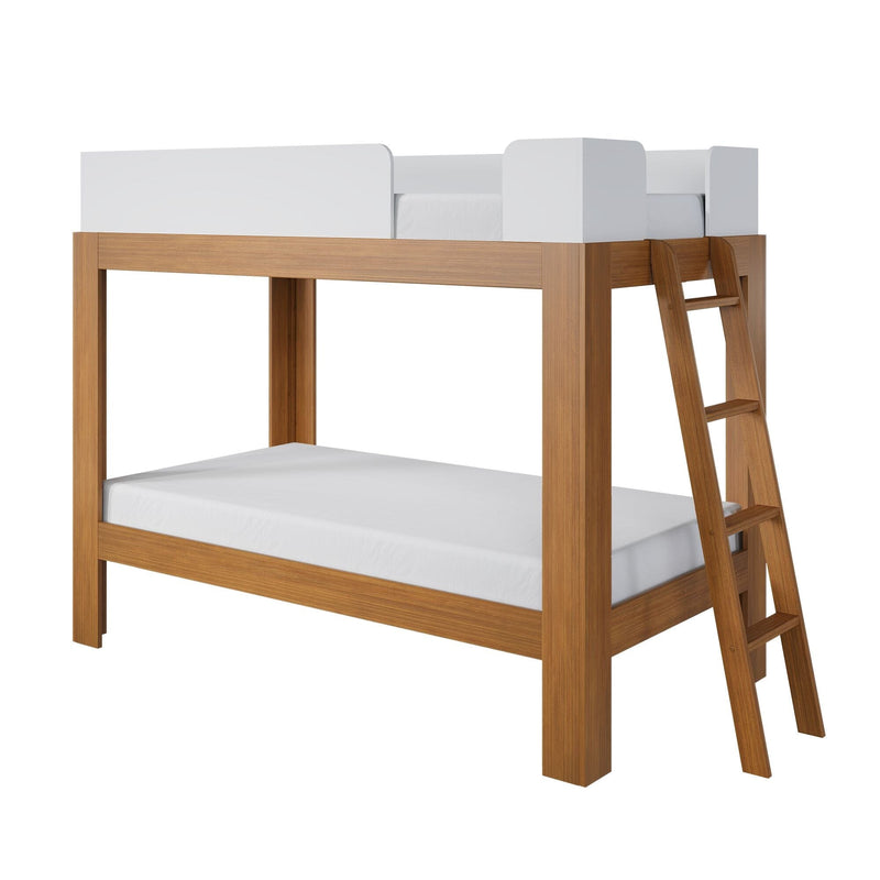 Natural oak wooden loft bed with ladder and white guardrails, minimalist twin bunk design
