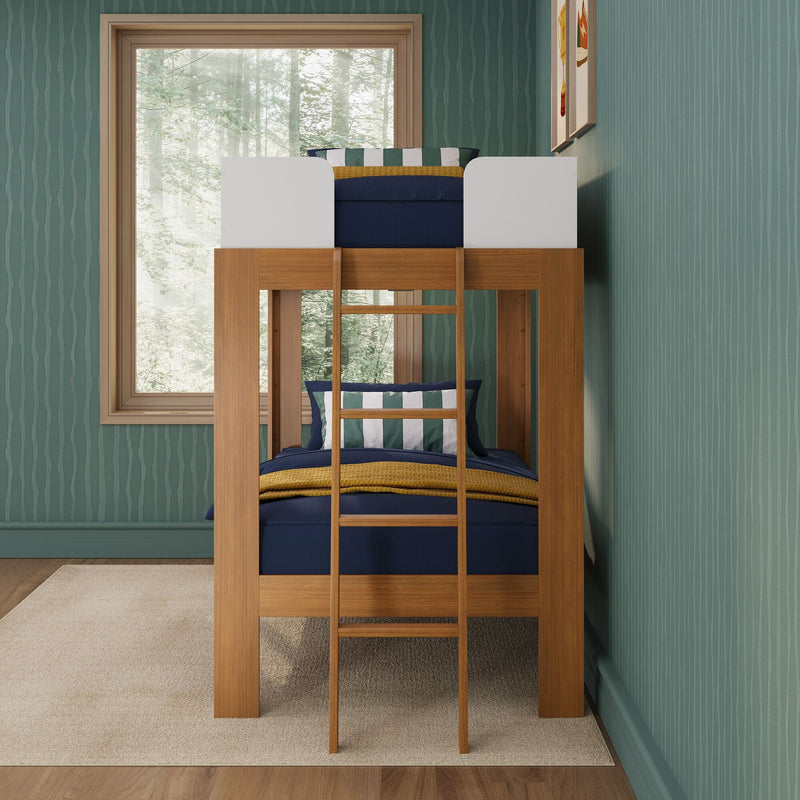 Wooden loft bunk bed with ladder, navy bedding and striped pillows against green textured wallpaper, large window with forest view in a modern kids’ bedroom