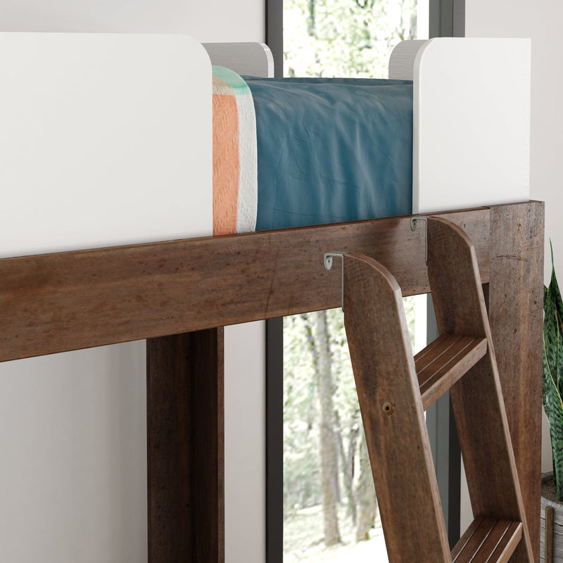 Close-up of wooden bunk bed ladder and white safety guardrail with teal bedding in a modern rustic bedroom by a window