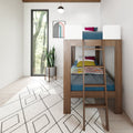 Modern wooden loft bunk bed with ladder in a minimalist kids' bedroom, colorful bedding, geometric rug, potted snake plant, framed rainbow art and large window