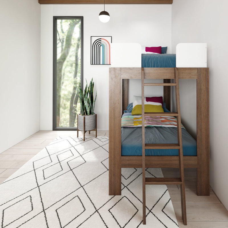 Modern wooden loft bunk bed with ladder in a minimalist kids' bedroom, colorful bedding, geometric rug, potted snake plant, framed rainbow art and large window
