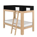 Solid oak loft bed with ladder and black safety guardrails, twin-size space-saving kids bed with white mattress