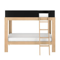 Natural oak loft bed with ladder and black safety guardrail — modern wooden bunk bed frame with twin mattresses