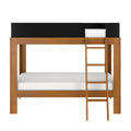 Solid wood loft bed with ladder and black safety rail, natural oak finish, space-saving modern bunk bed design