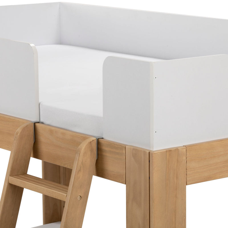 White guardrail and mattress on natural wood loft bunk bed with ladder — sturdy kids' bed safety rail