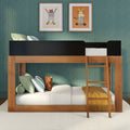 Wooden loft bunk bed in a kids’ bedroom with teal wavy wallpaper, framed animal prints, green striped pillows, plush toy and mustard yellow blanket