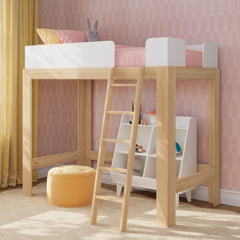 Kids wooden loft bed with ladder, pink bedding, bunny plush and built-in storage shelves against pink geometric wallpaper and yellow curtains