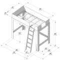 Isometric assembly diagram of a wooden loft bed with ladder, guard rails and slatted mattress support, annotated with detailed dimensions in inches and centimeters for height, width and depth.