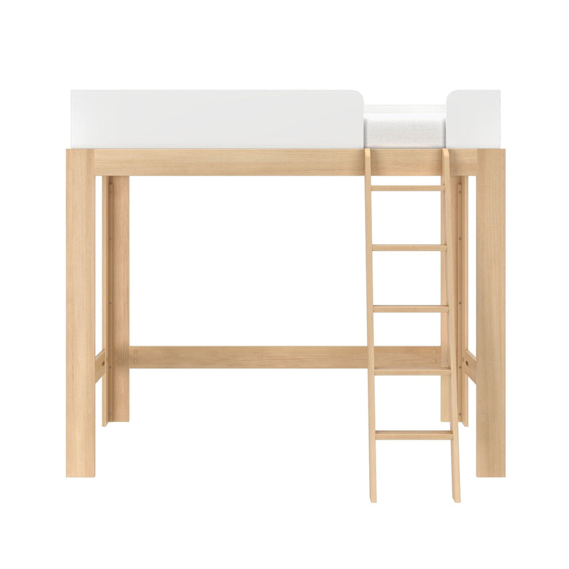 Solid wood twin loft bed with ladder and white guardrail — space-saving minimalist kids bunk bed frame