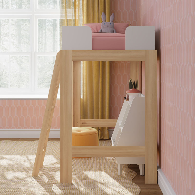 Wooden loft bed with ladder in pink children's bedroom, pink bedding and rabbit plush, yellow curtains and patterned wallpaper