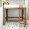 Modern oak loft bed with ladder and white safety rail, styled with yellow and black cushions and geometric rug in a minimalist kids' bedroom
