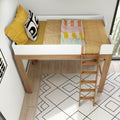Top-down view of a modern wooden loft bed with ladder and white guardrail, yellow pillow, black-and-white cushion, colorful throw and geometric rug