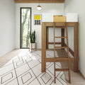 Modern Scandinavian loft bed with wooden ladder, yellow bedding, white guard panels, snake plant and geometric rug in minimalist bedroom with large window