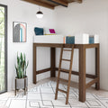 Modern wooden loft bed with ladder in a minimalist kids' bedroom, geometric rug, snake plant, hanging pendant light and framed rainbow wall art
