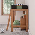 Wooden kids loft bed with ladder, green bean bag, soccer ball, bookshelf with books and trophy, window with forest view
