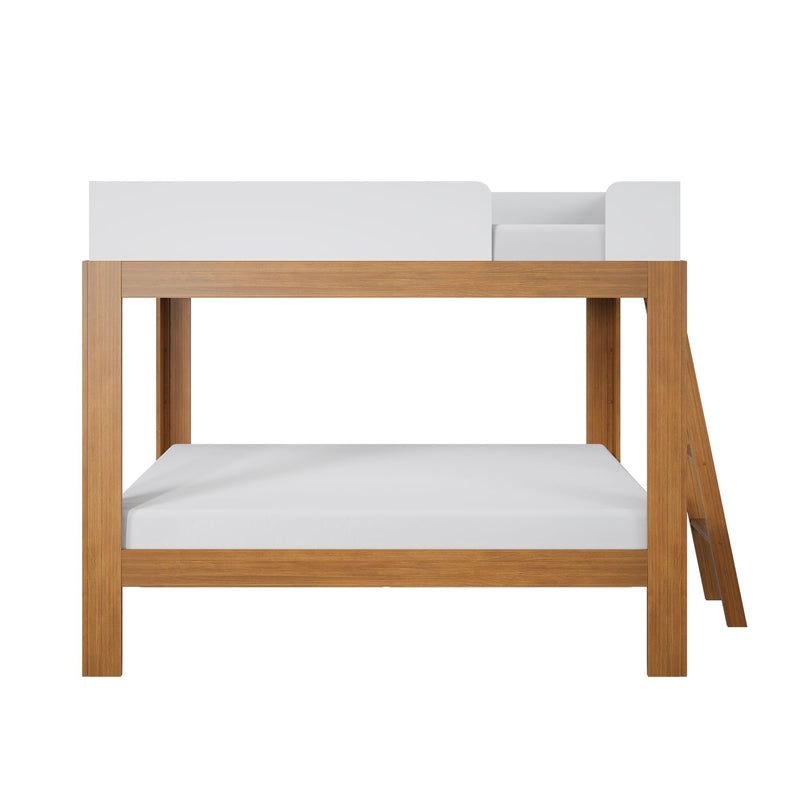 Modern natural oak loft bed with white safety guardrail and twin mattress, minimalist wooden bunk bed frame for kids' bedroom