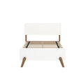 Mid-century modern white platform bed frame with slatted wood support and tapered wooden legs