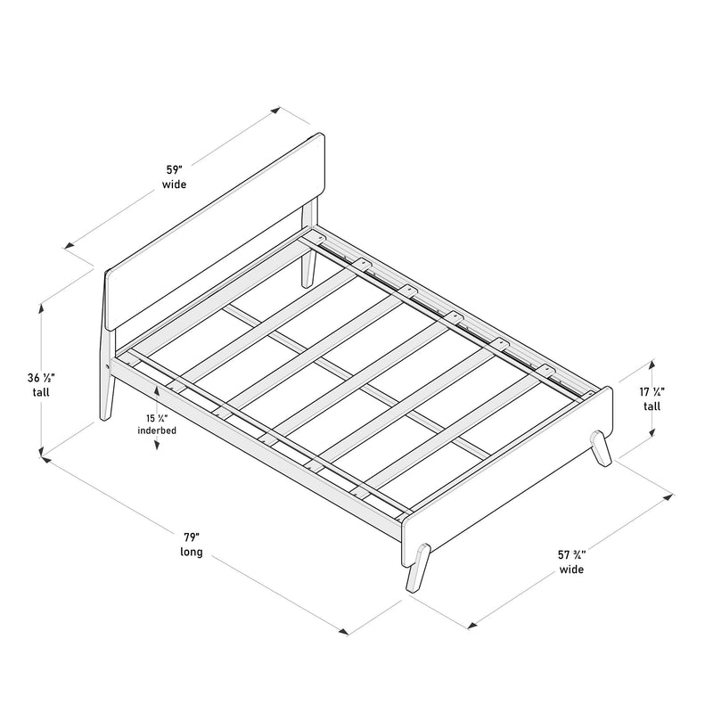 Isometric line drawing of a platform bed frame with slatted base and rectangular headboard, labeled with dimensions (59" wide headboard, 79" long, 57¾" frame width, 36½" and 17¼" heights) — assembly and measurement diagram