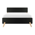 Front view of a modern black wooden headboard with light wood tapered legs and a white mattress on a minimalist mid-century bed frame, isolated on a white background.