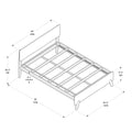 Bed frame assembly diagram showing wooden slatted platform bed with headboard and labeled dimensions (59 in headboard width, 79 in overall length, 57.75 in frame width) — furniture assembly dimensional blueprint